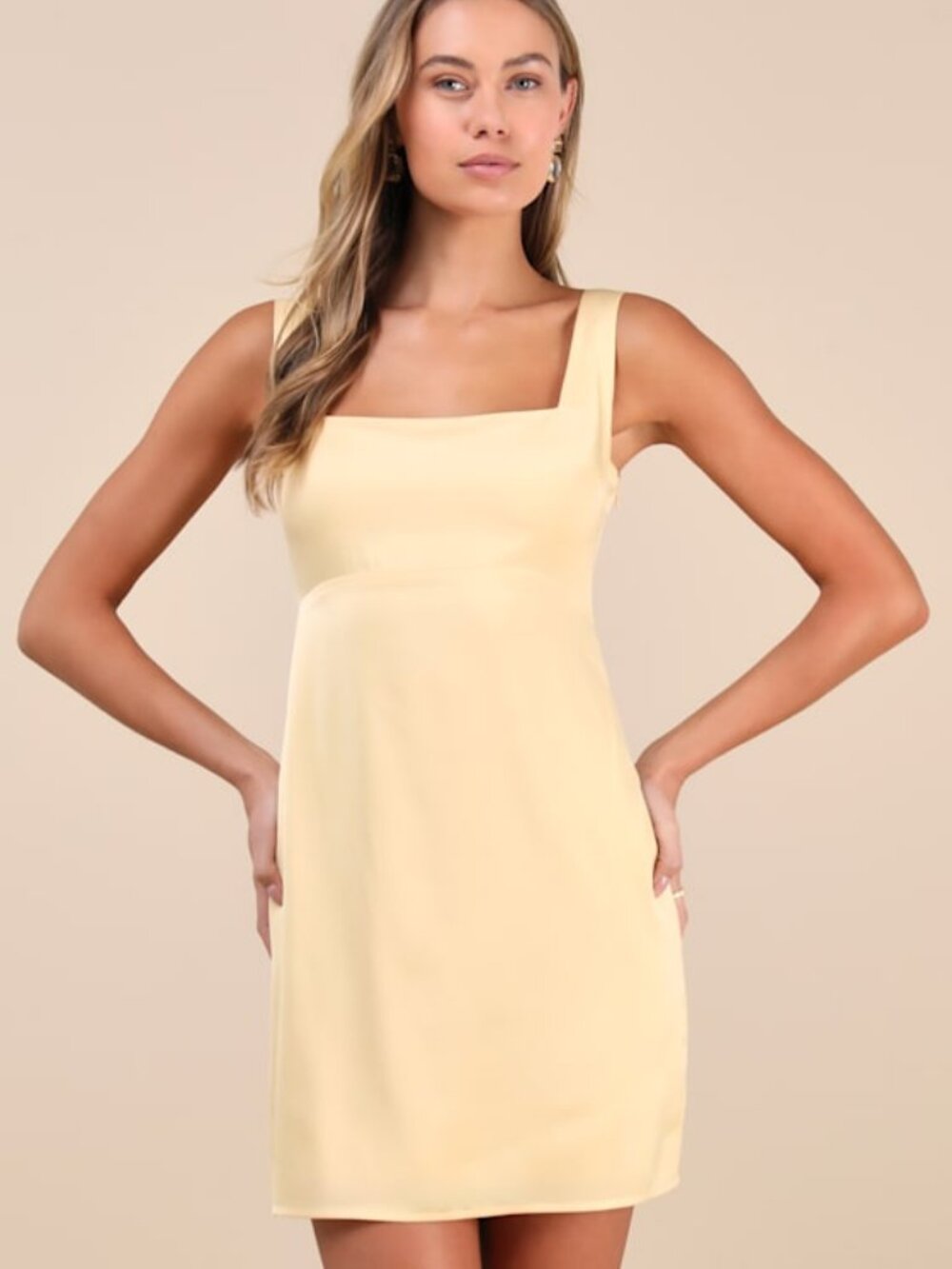 Lulus Truly The Cutest Light Yellow Satin Square Neck Mini Dress - Size M